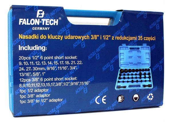 Krafttoppe 3/8" og 1/2" 35 stk. Falon-Tech FT1135 med adaptere