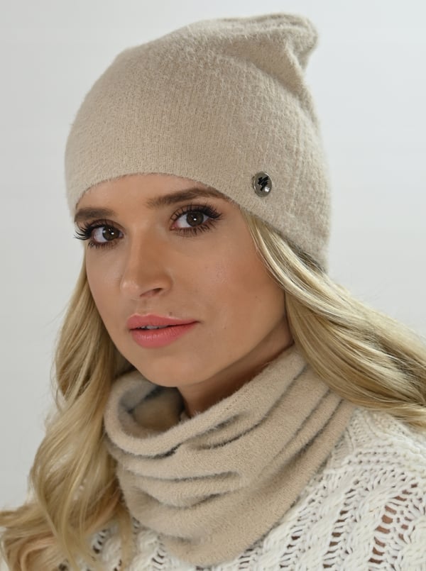Varmt sæt med hue og halsedisse Alpaca Touch Beige AL1