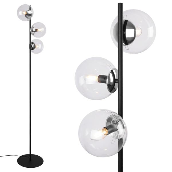 SIENA GULVLAMPE I SORT KROM, 3 FLADE, KLARE LAMPER