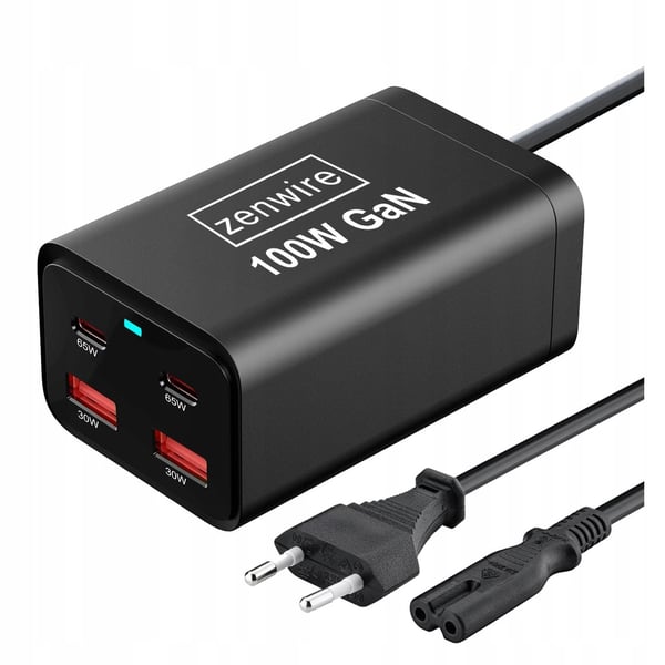 Vægoplader Strømforsyning 100W GaN III Cube AC Kabel 2x USB-C 65W 2x USB-A Zenwire YMS-608