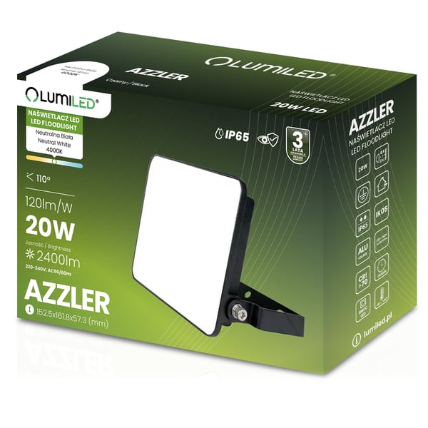 AZZLER 20W 2400lm 4000K IP65 halogenin ulkovalaisin musta LUMILED