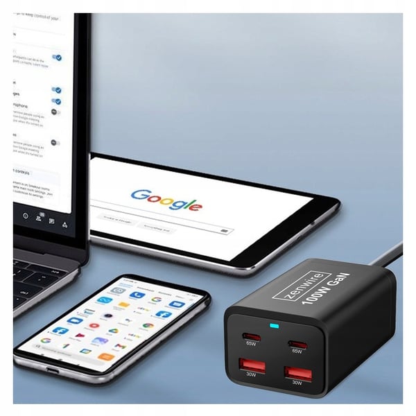 Vægoplader Strømforsyning 100W GaN III Cube AC Kabel 2x USB-C 65W 2x USB-A Zenwire YMS-608