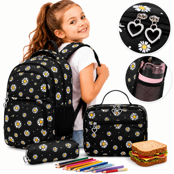 Daisy Print -koulureppu tytöille, 3-in-1 -setti, penaali, lounasrasia