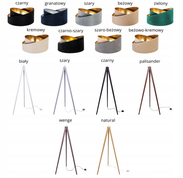 STÅENDE GULVLAMPE MED TRIPOD GYLDEN FLØJLSSKÆRM