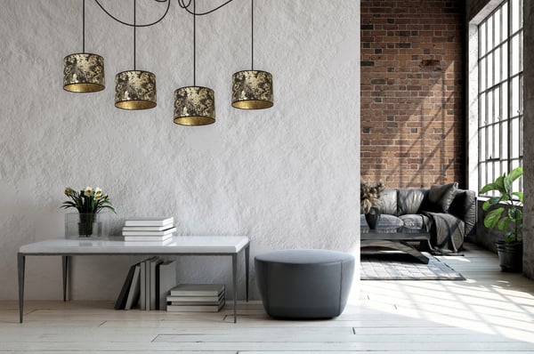 Lofthængelampe, lampeskærm med edderkoppemotiv, guld