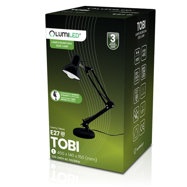 Pöytävalaisin TOBI E27 musta ja kiinnike työpöydälle Lumiled