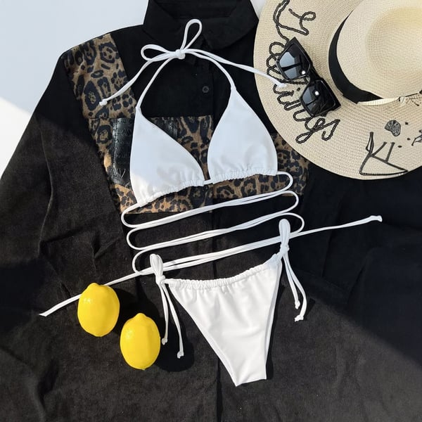 Bikini badedragt med binding, hvid, todelt strandsolbadning l Bikini badedragt med binding, hvid, todelt strandsolbadning S