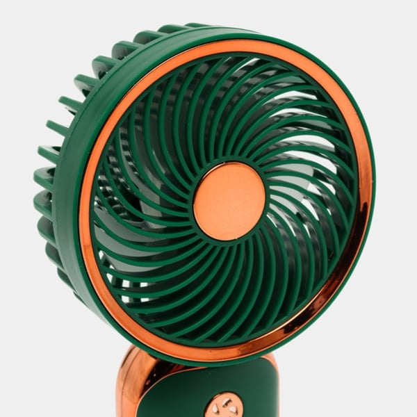 Mini lommeventilator i rosaguld med USB-genopladeligt batteri og stativ