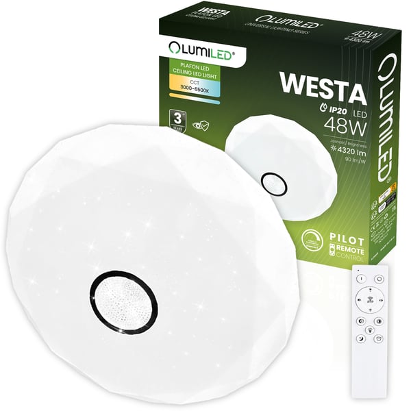 WESTA 48W CCT valkoinen pyöreä LED-kattovalaisin, pinta-asennettava, 40cm + LUMILED-kaukosäädin WESTA 48W CCT valkoinen pyöreä LED-kattovalaisin, pinta-asennettava, 40cm + LUMILED-kaukosäädin