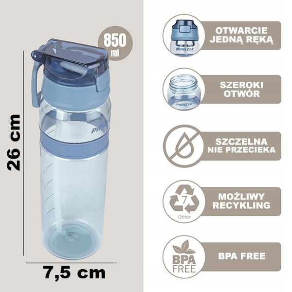 Pinnacle PHY-B-1011 850ml sininen vesipullo kahvalla ja pillillä