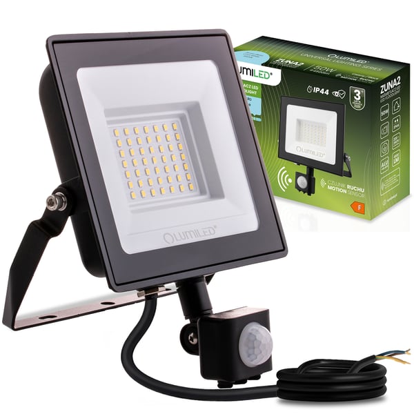 ZUNA2 LED-valonheitin 50W 4500lm 6500K IP44 musta liiketunnistin LUMILED