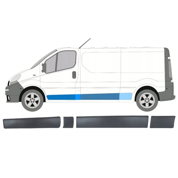 Renault Trafic II PITKÄ 01-13 vasen etuovilista + sivupilari vasemman oven takana + PITKÄ sivu vasemman pilarin takana + sivu takapyörän edessä vasen 4 kpl sarja