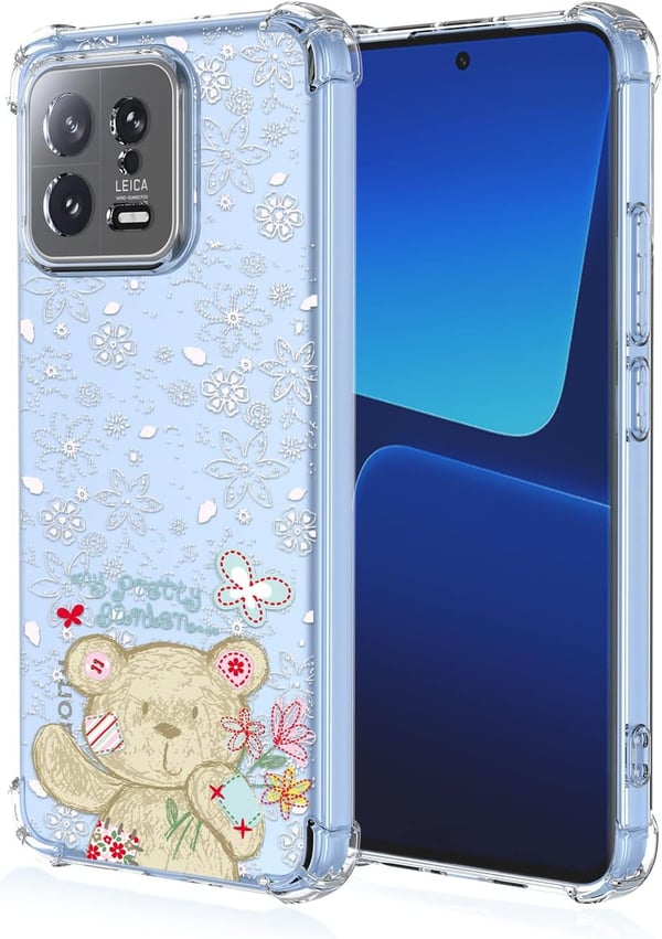 Etui til Xiaomi 13 gennemsigtig bamse hvid præget blomster høj beskyttelse