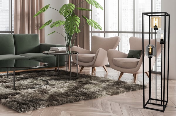 SORT LOFT GULVLAMPE MED GLASSKÆRME