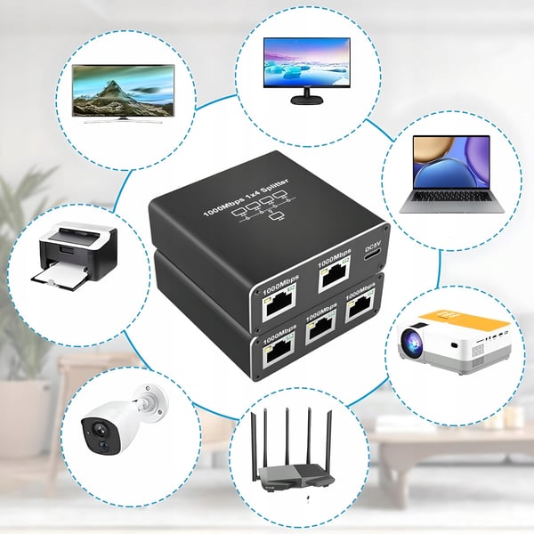SPLITTER LAN 1x4 ADAPTER SWITCH SPLITTER 2xRJ45 ETHERNET 1000Mb GIGABIT