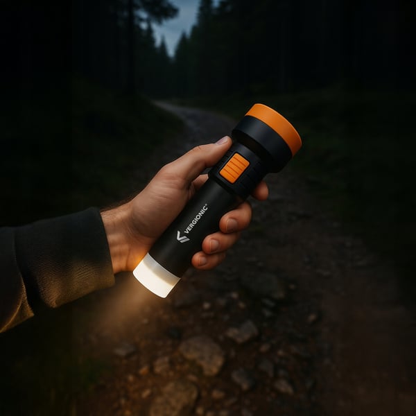 Vergionisk LED-lommelygte med 300 mAh lithium-ion batteri, micro USB og 2 LED-funktioner