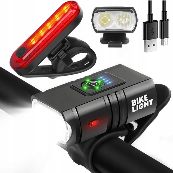 KRAFTIG LED CYKELAMPE ACU USB FORAN + BAGLYGTER