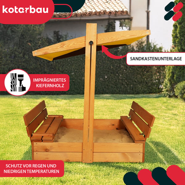 KOTARBAU® Suuri puinen hiekkalaatikko keltaisella katolla, kyllästetty, suljettu, penkeillä, ruskea, 100 x 100 CM