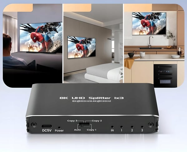 HDMI 2.1 SPLITTER 1x3 ULTRAHD SPLITTER HDCP 2.3 8K60HZ 4K 120HZ - 3 TV'er