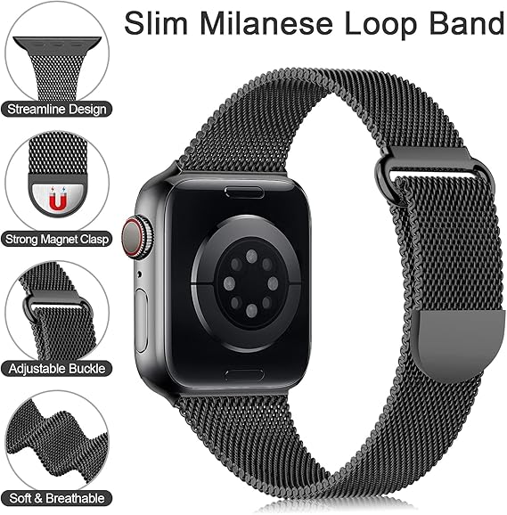 Apple Watch -ranneke 1/2/3/4/5/6/7/8/9/SE 38/40/41 mm Musta Teräs