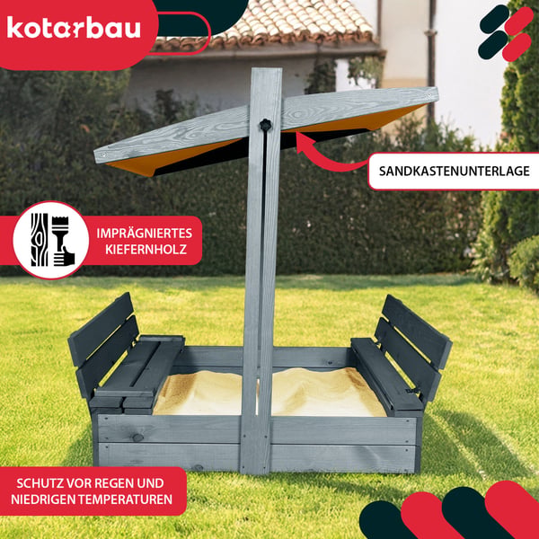 KOTARBAU® Suuri puinen hiekkalaatikko keltaisella katolla, kyllästetty, suljettu, penkeillä, harmaa, 100 x 100 CM