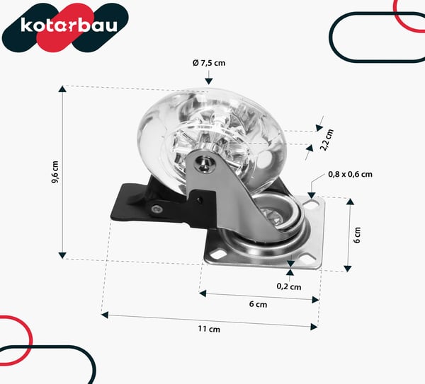 KOTARBAU® Møbelhjul Til Møbelskabe Gummihjul Med Bremse Transparent 75 MM