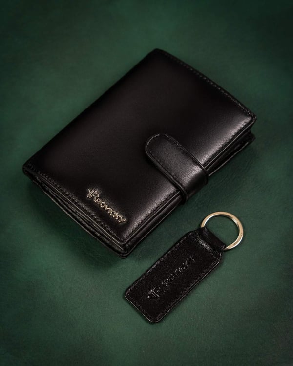 Presentset: elegant herrplånbok och nyckelring i läder - Rovicky