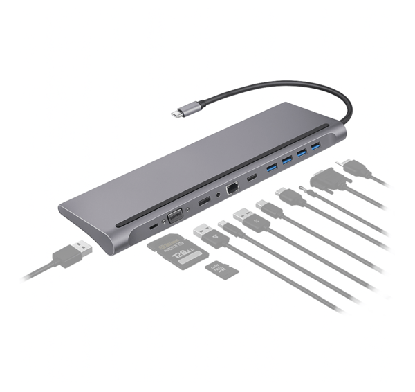 HUB USB-C HDMI 4K VGA LAN RJ45 4x USB SD-kort Jack 3,5mm Power Delivery 87W