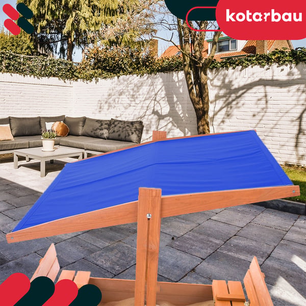 KOTARBAU® stor sandlåda i trä med blått tak, impregnerad, stängd, med bänkar, brun, 100 x 100 cm