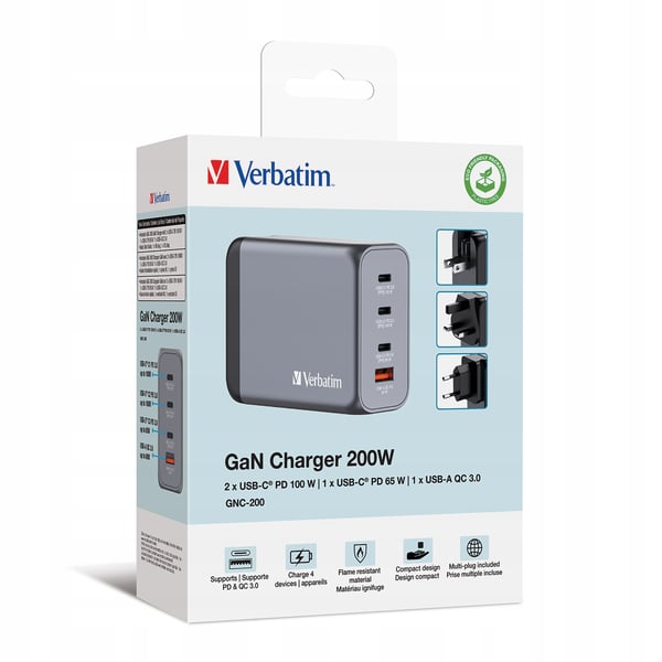 Verbatim GaN GNC-200 Vægoplader 3xUSB-C PD (2x100W+65W) 1xUSB-A QC 3.0