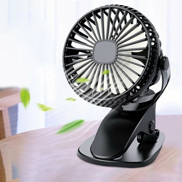 Ventilator med klips, miniventilator, USB-opladning, mobil, sort, skrivebord