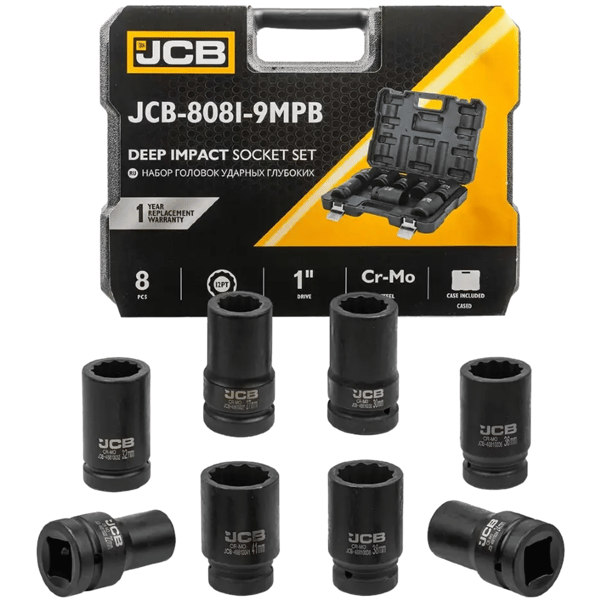 JCB 1" Cr-Mo 12-kulmainen syvä iskuhylsysarja 8 osaa