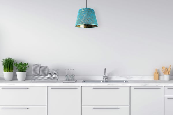 HÆNGELAMPE, LOFTKRONE, LAMPESKÆRM, GULDMØNSTER