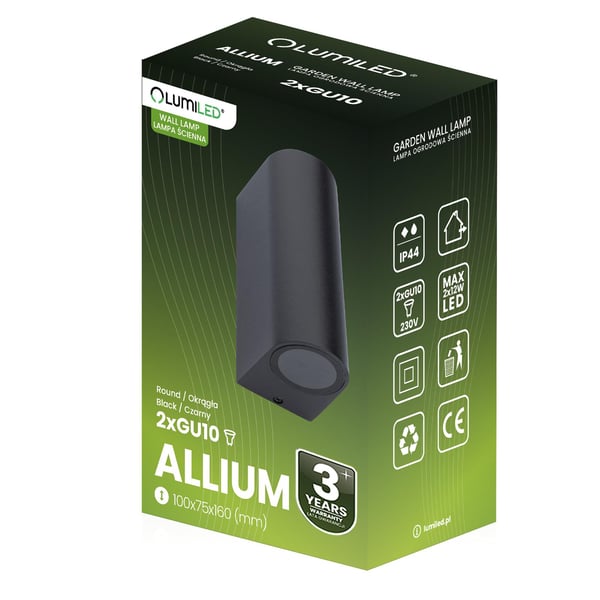 Havevæglampe, facadelampe, udendørslampe, 2xGU10 ALLIUM, sort, LUMILED