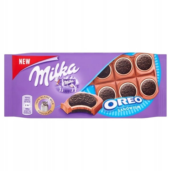 Milka Oreo Sandwich Maitosuklaa kaakaokeksien ja vaniljatäytteen kera 92 g