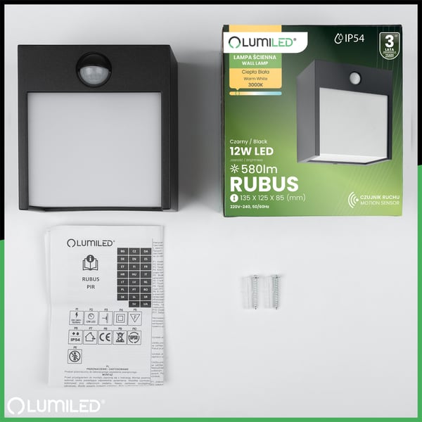 Trädgårdslampa väggmontering LED väggarmatur utomhus PIR-rörelsesensor IP54 12W 3000K RUBUS LUMILED