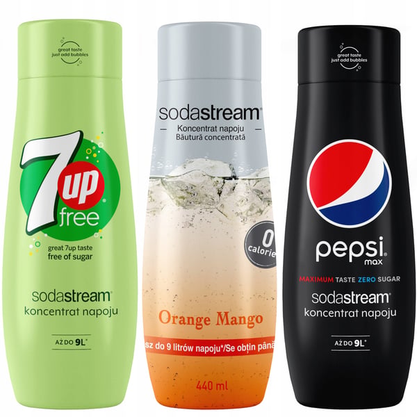 3 SodaStream-tiivisteen setti 7UpFREE + Appelsiini-Mango + PepsiMax