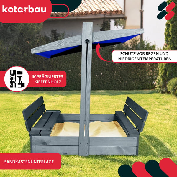 KOTARBAU® stor sandlåda i trä med blått tak, impregnerad, slutet lock, med bänkar, grå, 100 x 100 cm