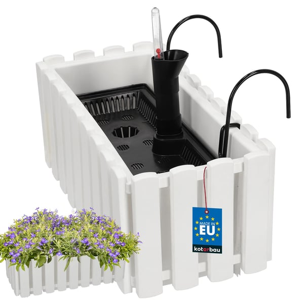 Blomkruka balkong terrasslåda med krokar bevattningssystem vit 40 cm