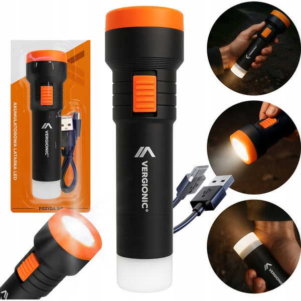 Vergionisk LED-lommelygte med 300 mAh lithium-ion batteri, micro USB og 2 LED-funktioner
