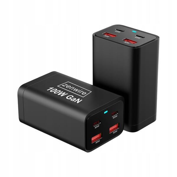 Vægoplader Strømforsyning 100W GaN III Cube AC Kabel 2x USB-C 65W 2x USB-A Zenwire YMS-608