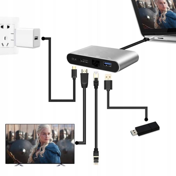 HUB USB-C Adapter HDMI 4K LAN RJ45 100Mb/s USB 3.0 5Gbps til PC/Mac/Steam