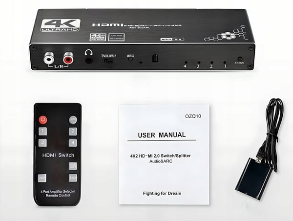 SPLITTER-SWITCH HDMI 2.0 4x2-SWITCH 4 INDGANGE 2 UDGANGE ARC CINCH OPTISK