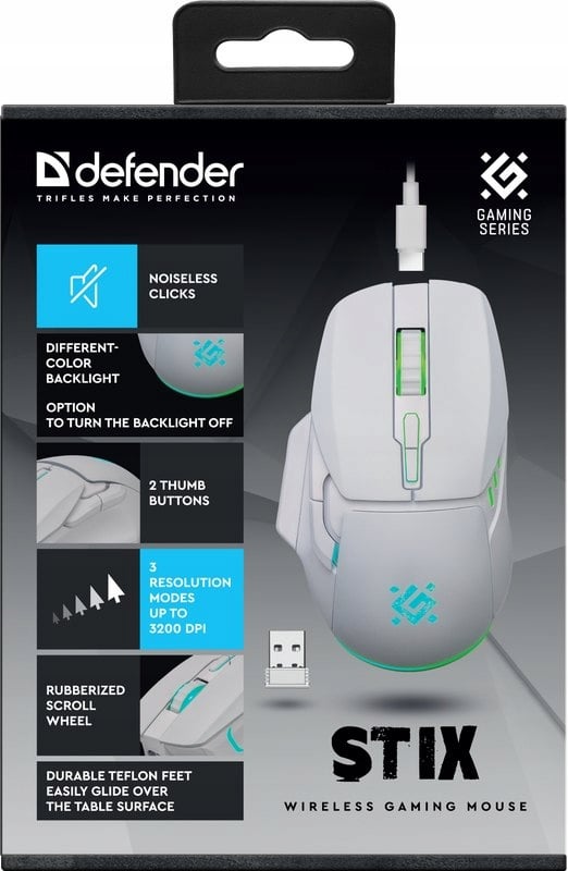 Defender stix GM-009 trådløs mus optisk 3200 dpi hvid RGB genopladelig 7 knapper gaming klikløs lydløs