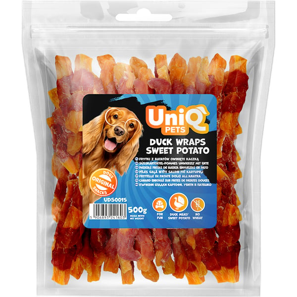 UniQ Pets sötpotatispommes inlindade i anka hundgodis 500g
