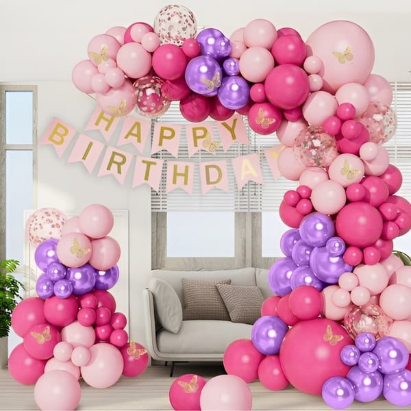 Ballongirlande sommerfugle pink lilla balloner til fødselsdag 1. fødselsdag xxl 133 stk.