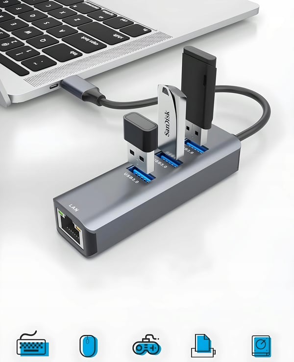 USB-C-LAN-SOVITIN + USB-HUBI RJ45 USB-VERKKOKORTTI GIGABIT USB 3.0 4in1