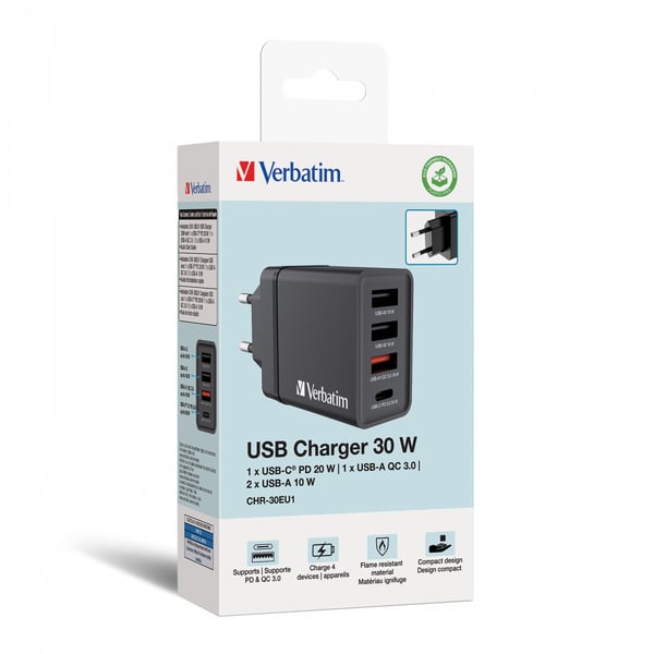 Verbatim vægoplader 1xUSB-C PD 20W 1xUSB-A QC 3.0 2xUSB-A 10W EU sort