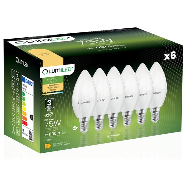 6x LED-pære E14 kerteformet B35 10W = 75W 1100lm 3000K varm 180° LUMILED