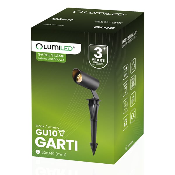 GARTI LED GU10 ulkopuutarhavalaisin, kohdevalo, iskunkestävä, IP65, LUMILED-kaapeli